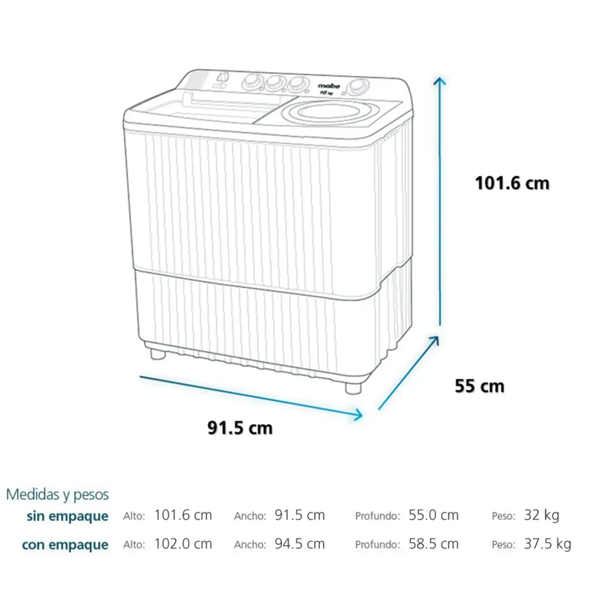 Lavadora Semiautomática De 16 Kg Blanca Mabe - Lmd6124pbbb0