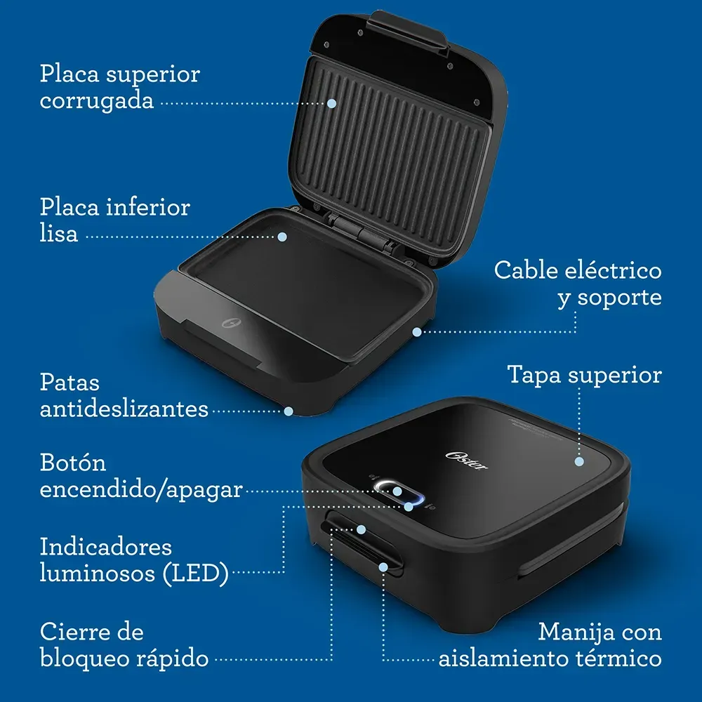  Sandwichera Oster® Compacta con Platos Hondos Botón de Apagado Negra Ckstsm400