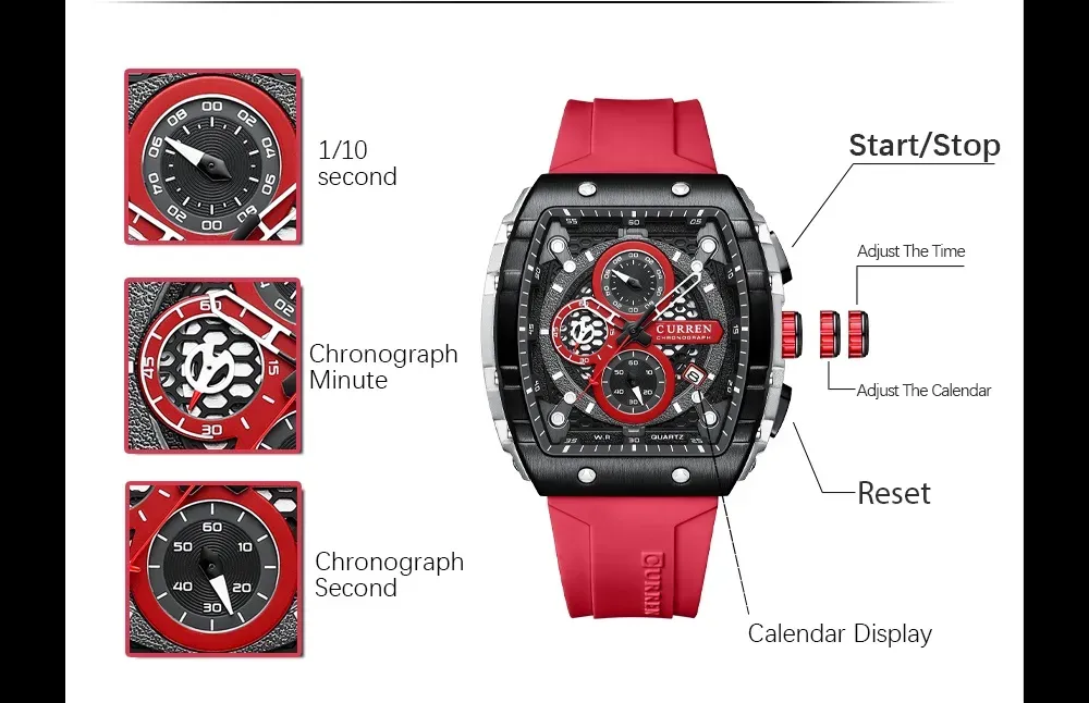 Reloj Curren Cuadrado 8442 (Rojo Con Negro)