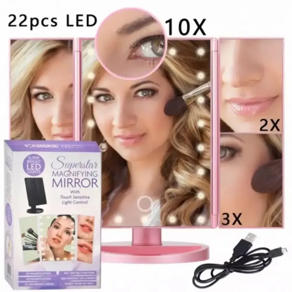 Espejo De Maquillaje Plegable Con Luz Led