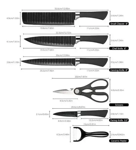 Set Cuchillos 6 Pzs Acero Inoxidable Mármol Mango Ergonómico Color Negro