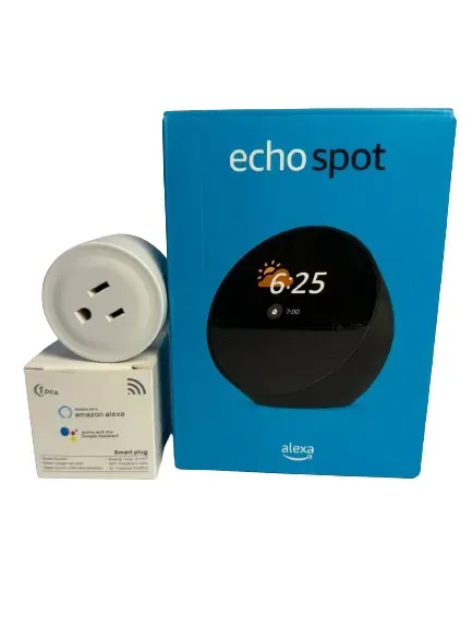 Combo Hogar Inteligente Alexa Echo Spot Con Pantalla Con Enchufe Inteligente Wifi 