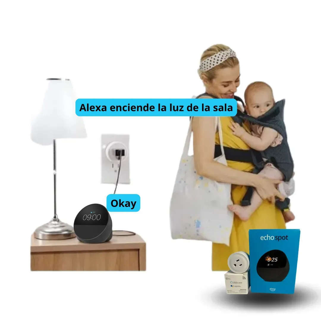 Combo Hogar Inteligente Alexa Echo Spot Con Pantalla Con Enchufe Inteligente Wifi 