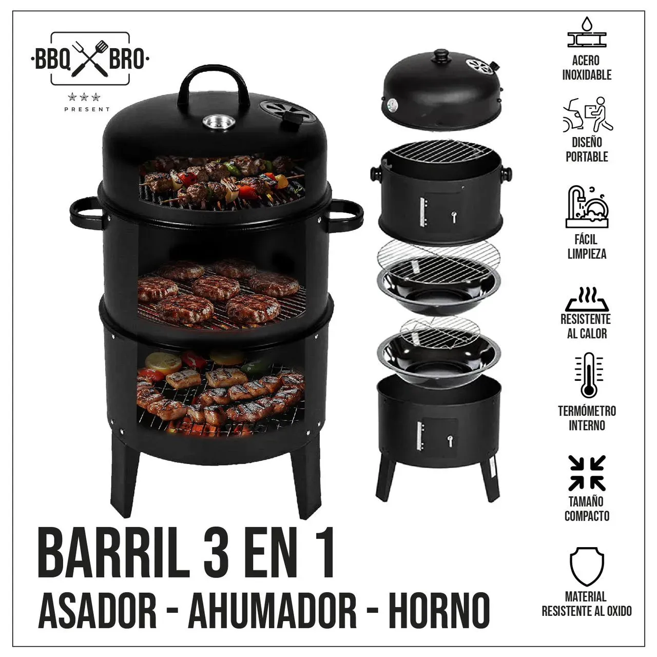 Barril Asador Bbq Termómetro Orejas 2 Puertas Asados