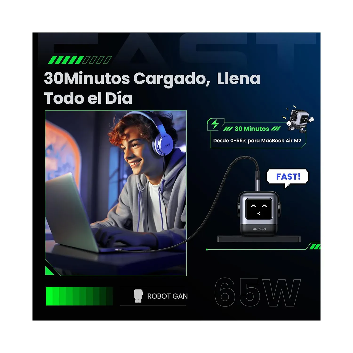 Cargador Usb C 65w GaN Carga Rápida Ugreen Nexode Rg 3 En 1