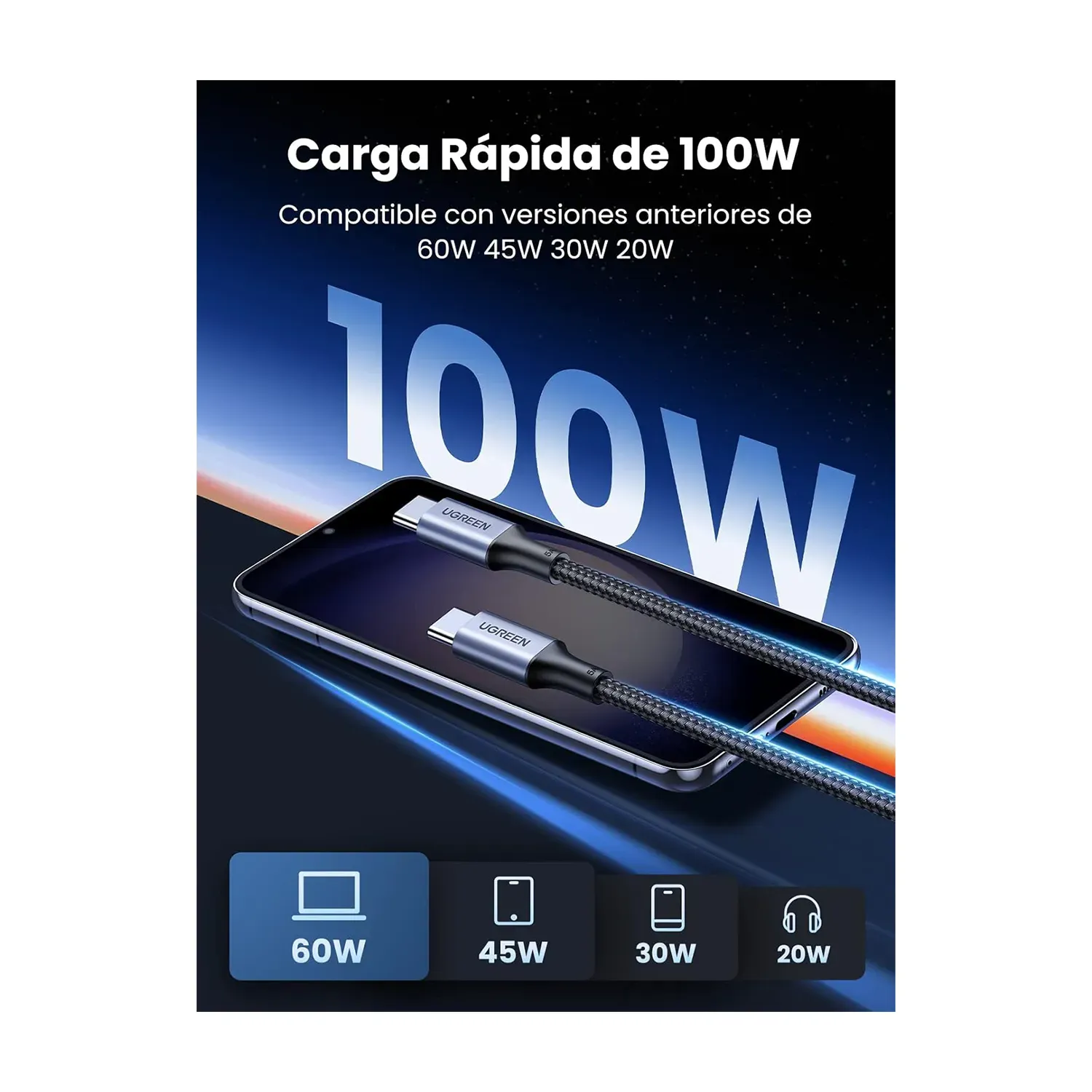 Cable Usb C 3m 100w Carga Rápida Celular Pc Trenzado Ugreen