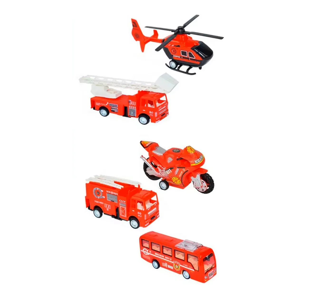 Carros De Impulso Moto Grua Bus Helicoptero Bomberos X 5 Pcs