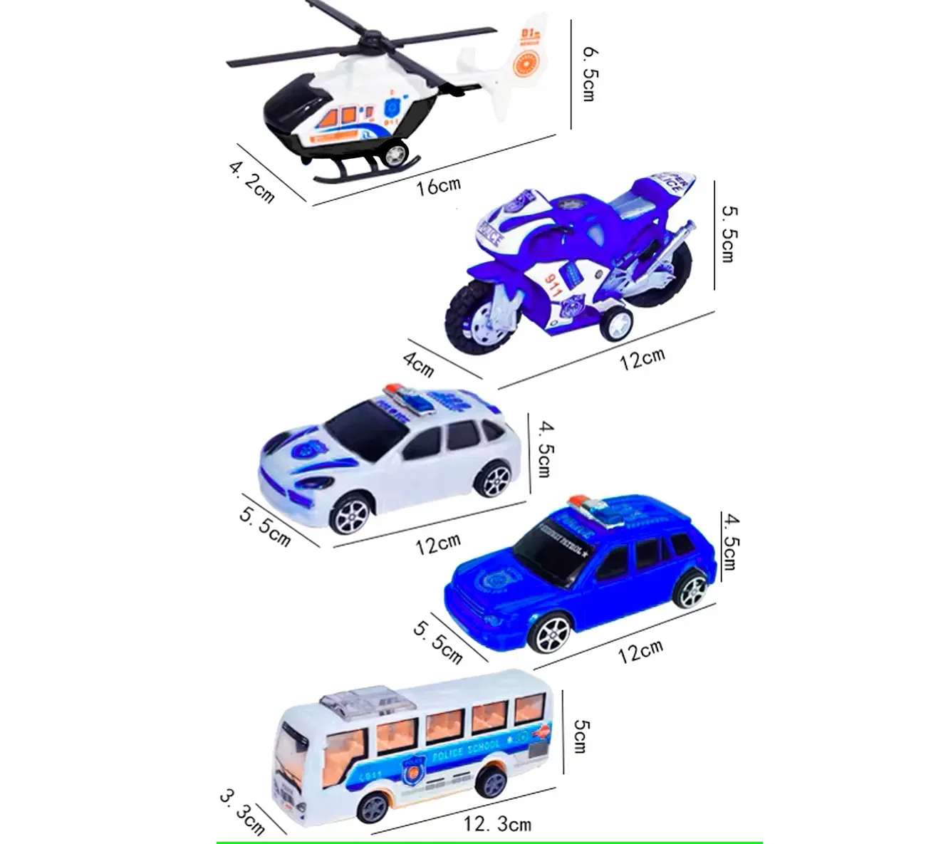 Carros De Impulso Moto Grua Bus Helicoptero Policia 5 Pc