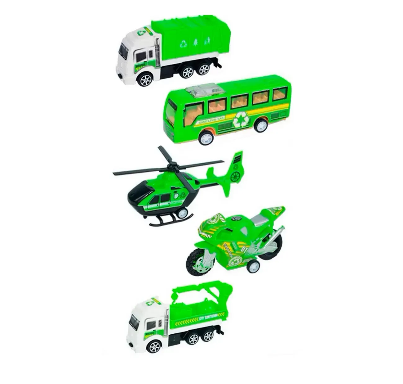 Carros De Impulso Moto Grua Bus Helicoptero Recoleccion 5 Pc