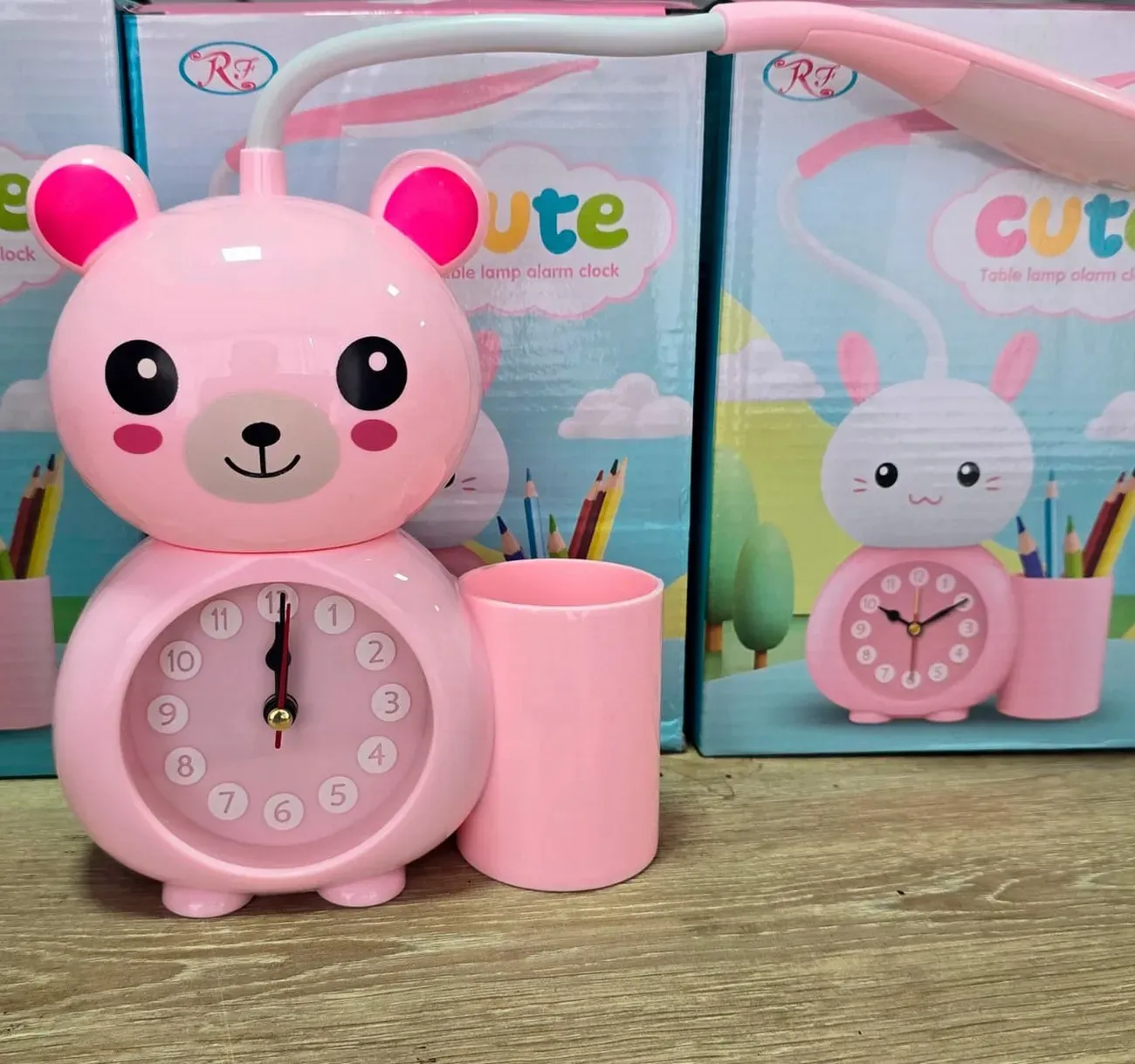 Lampara Oso Rosa Recargable Con Reloj De Escritorio Mesa