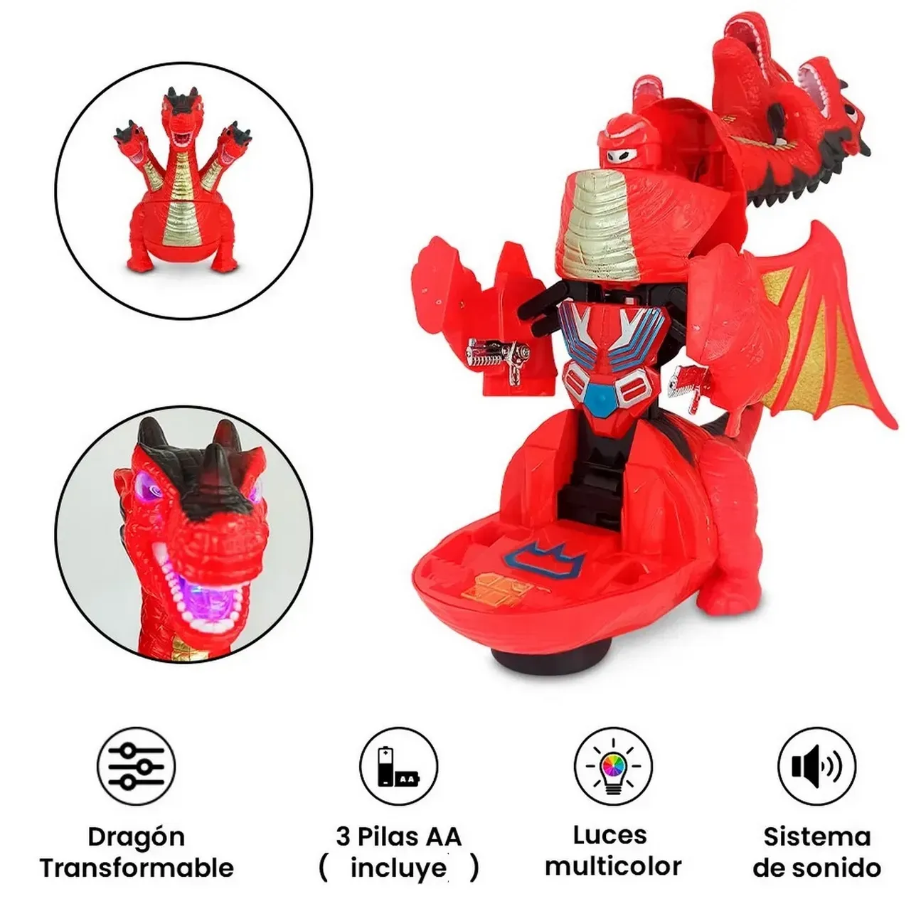 Robot Transformer Dragon 3 Cabeza Dinosaurio Robot + Bateria