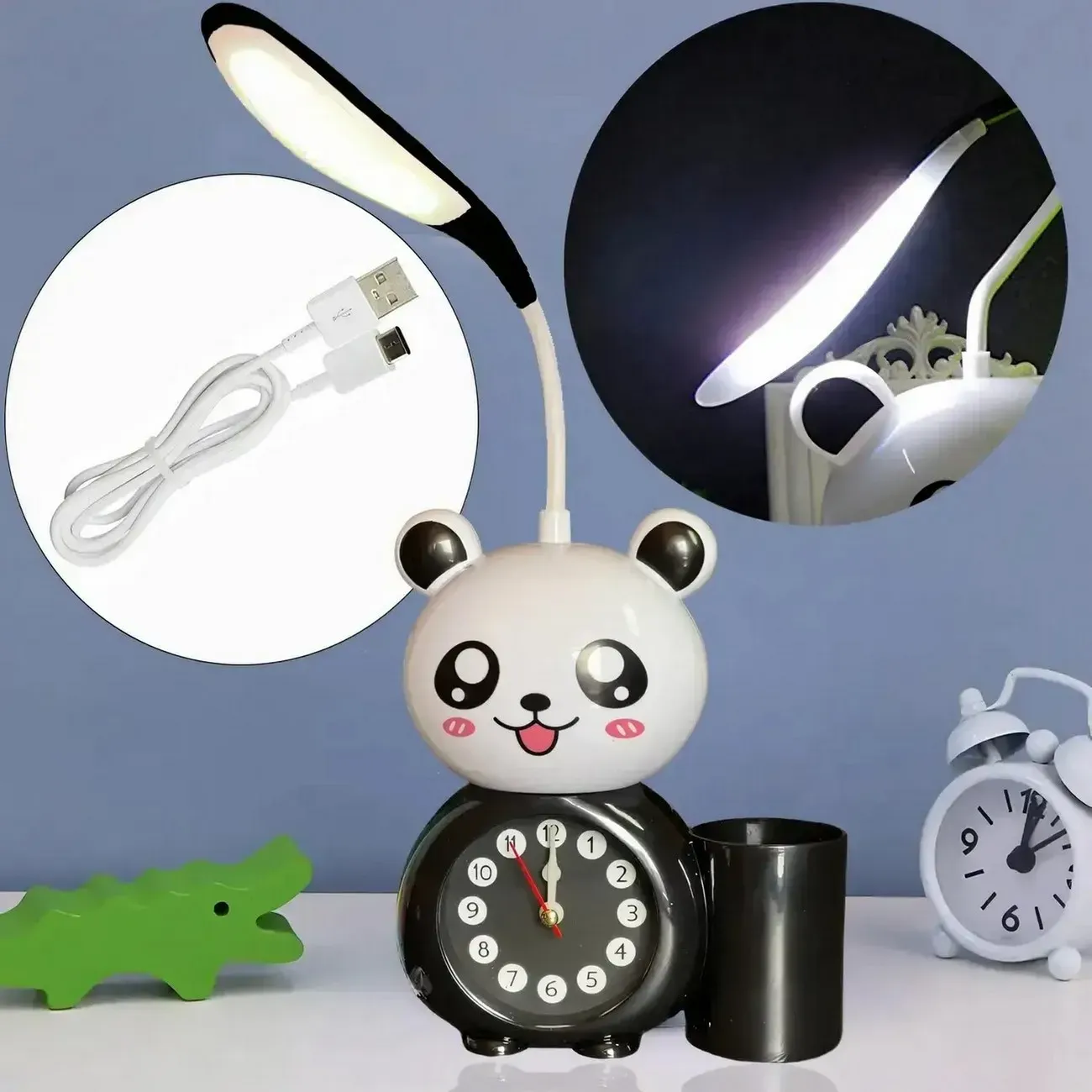 Lampara Oso Panda Recargable Con Reloj De Escritorio Mesa