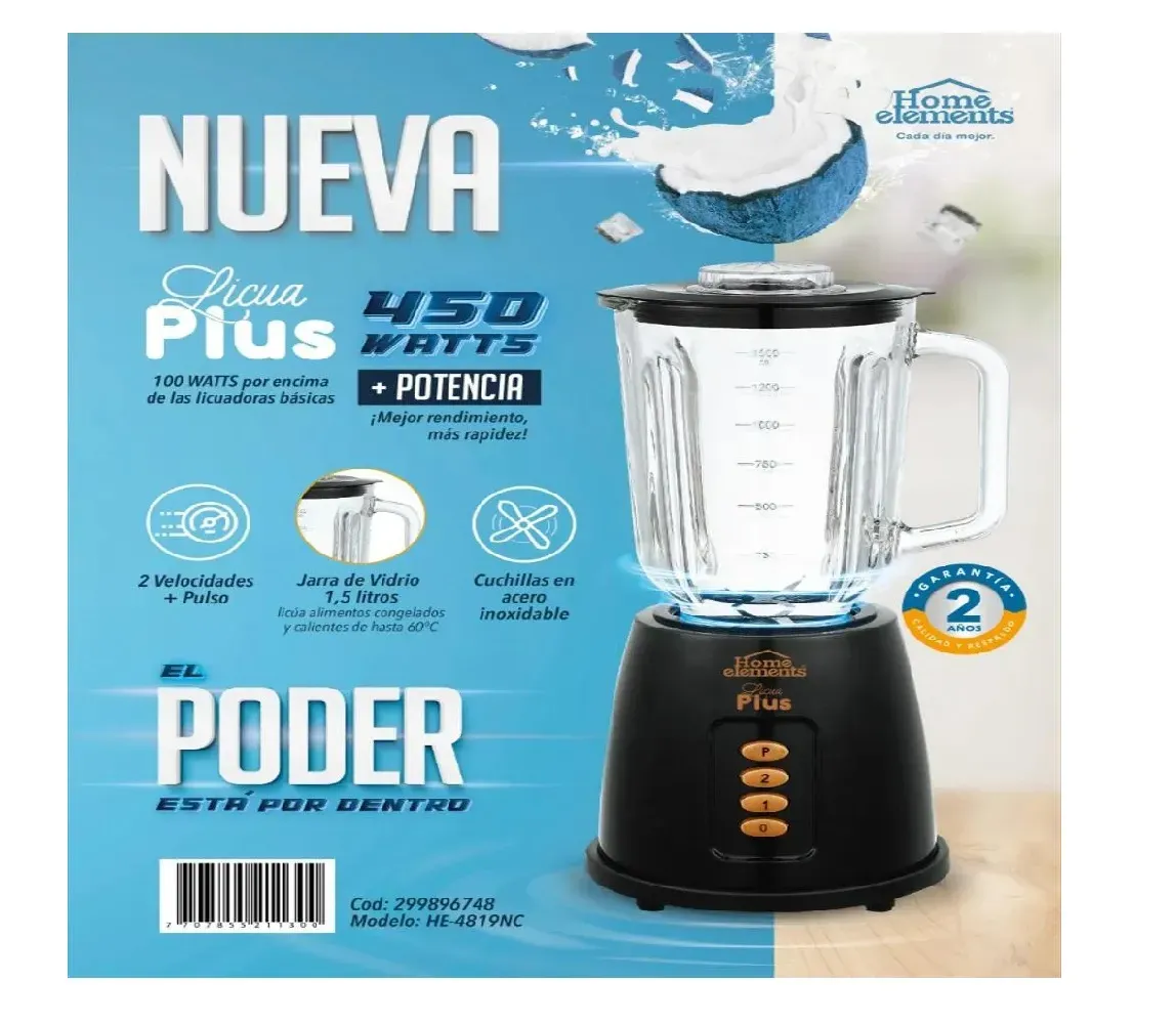 Licuadora Home Elements Con Vaso Vidrio Blender