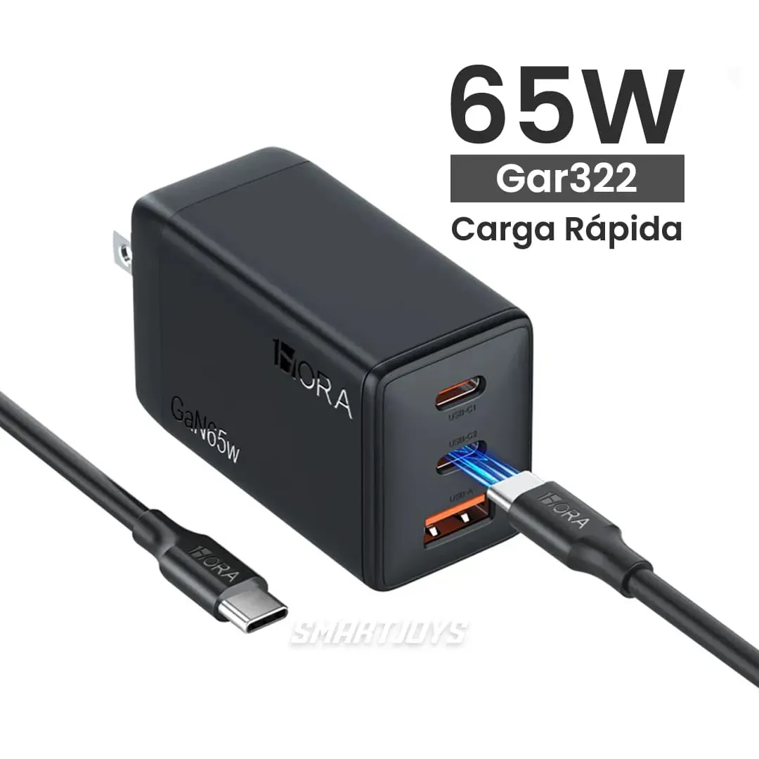 Cargador Completo 65W Carga Rápida Triple Puerto GAR322 Cable Tipo C