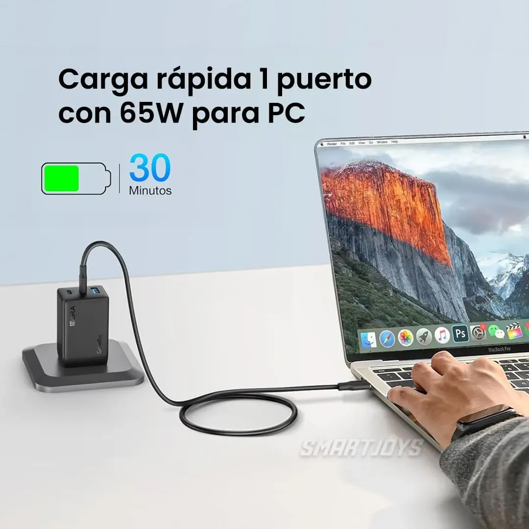 Cargador Completo 65W Carga Rápida Triple Puerto GAR322 Cable Tipo C