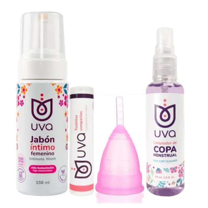 Jabon Intimo Femenino Uva En Espuma + Toallitas Compactas Uva + Copa Menstrual Reutilizable Tallas L + Limpiador De Copa Menstrual Uva 58 Ml  