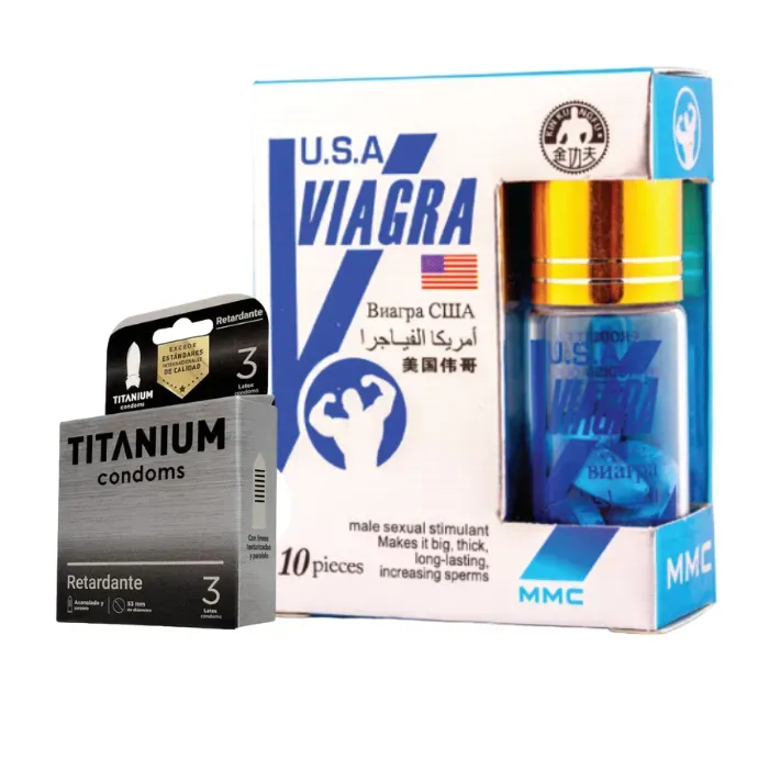 Potenciador Sexual Masculino Viagra U.S.A + Condones Preservativos Titanium Retardante 1 Cajas X 3 Unidades