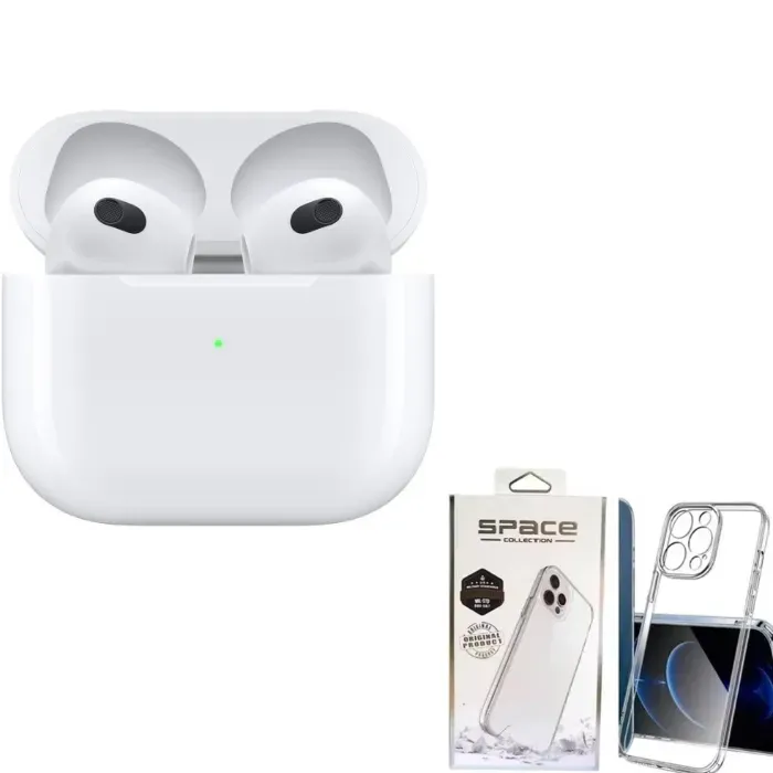 Airpods 3 Calidad 1.1 Audifonos + Estuche Para Iphone 15 Pro Max Con Protección De Camara Space Transparente