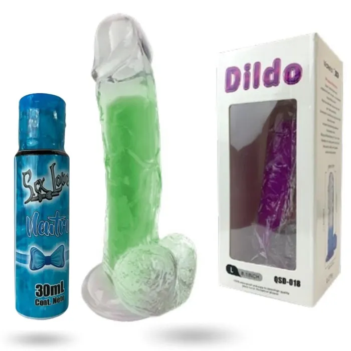 Dildo Consolador Realista Luminoso Brilla Con Luz Neon En La Oscuridad 18.5 Cm + Lubricante Intimo Neutro 30 Ml Sex Love 