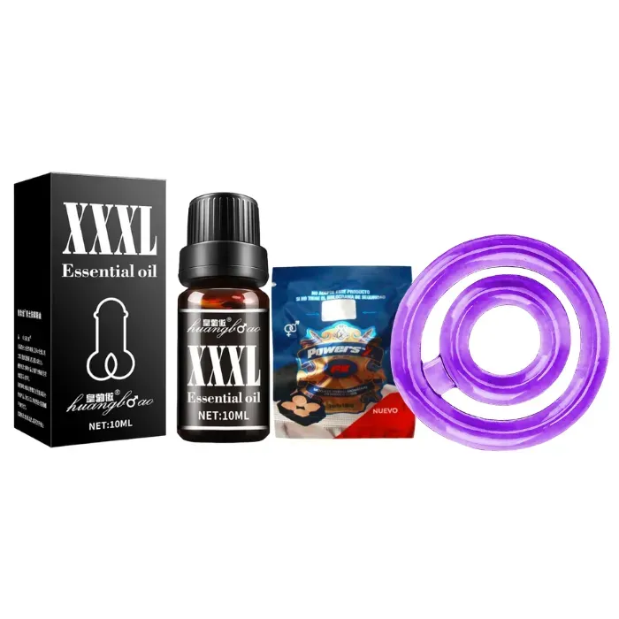 Kit Masculino Aceite Esencial Para Agrandar El Pene Xxl Afrodisíaco 10ml + Power Sex Potenciador Sexual *4 pastilla + Anillo Retardante Doble Pene Y Testiculos 