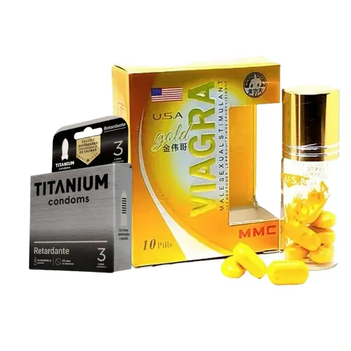 Potenciador Sexual Masculino Viagra Gold + Condones Preservativos Titanium Retardante 1 Cajas X 3 Unidades