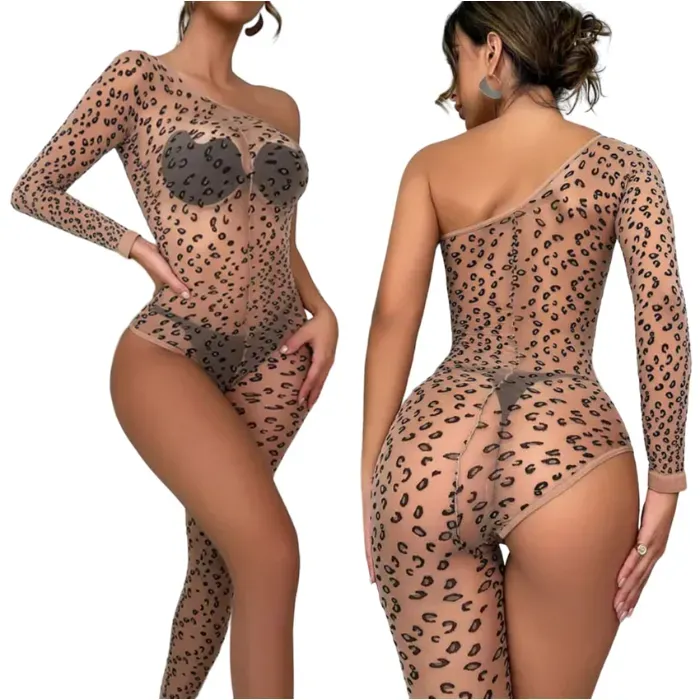 Lencería Malla Erotica Sexy Brillante Leopardo Enterizo