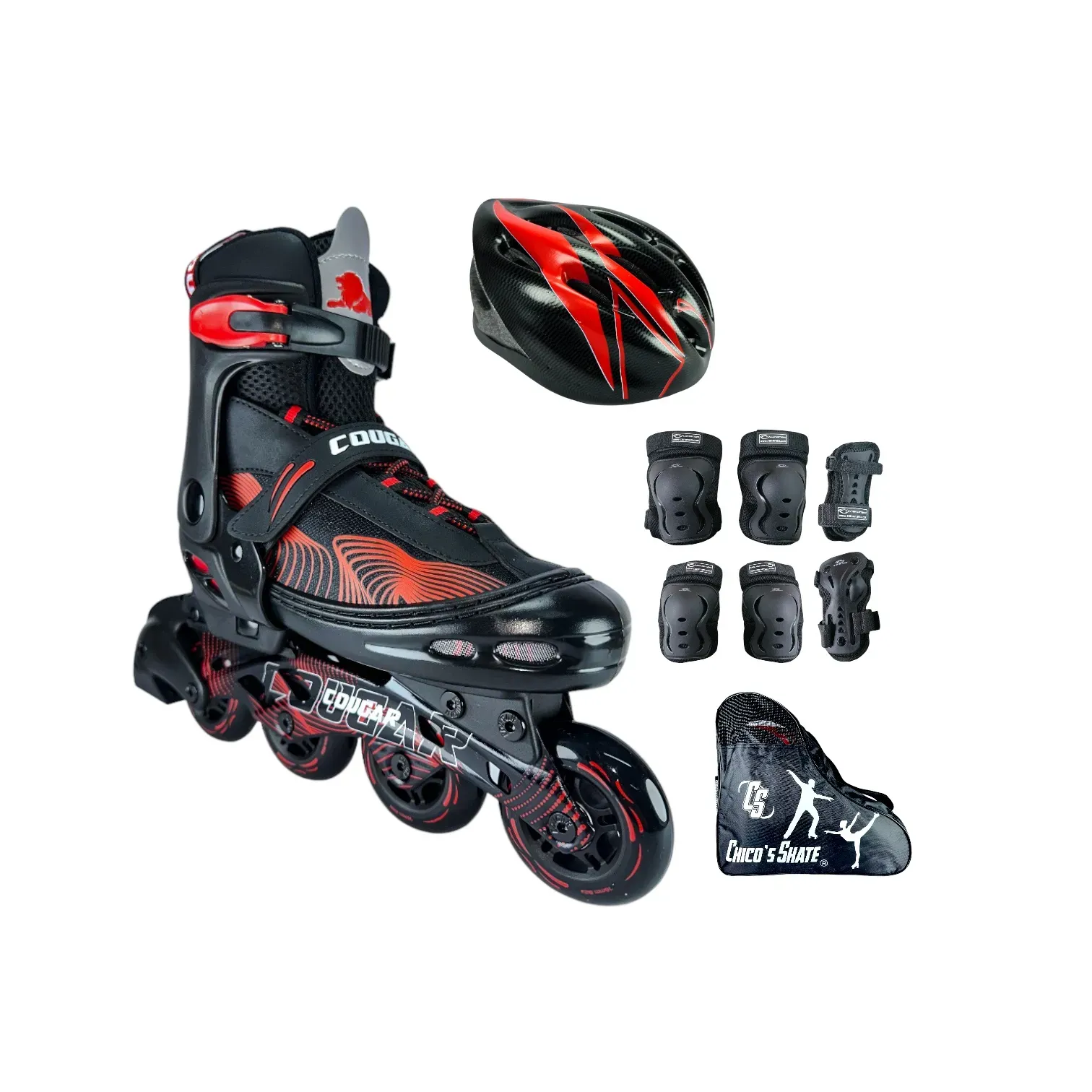 Patines En Linea Semiprofesionales Ajustables Cougar Con Protecciones Rojo