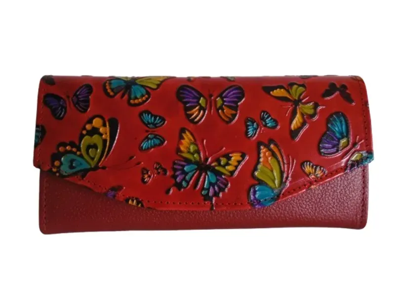 Billetera En Cuero Para Mujer Tamaño Grande CALZADO GUERREROS CB-080 Rojo Mariposas