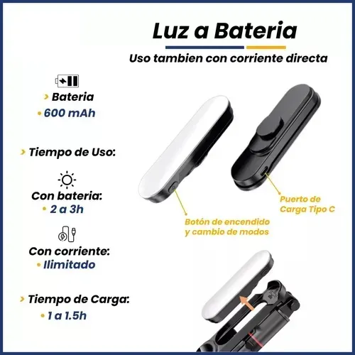 Palo Selfie Trípode Bluetooth Monopod Luz Led Celular Cámara + Control