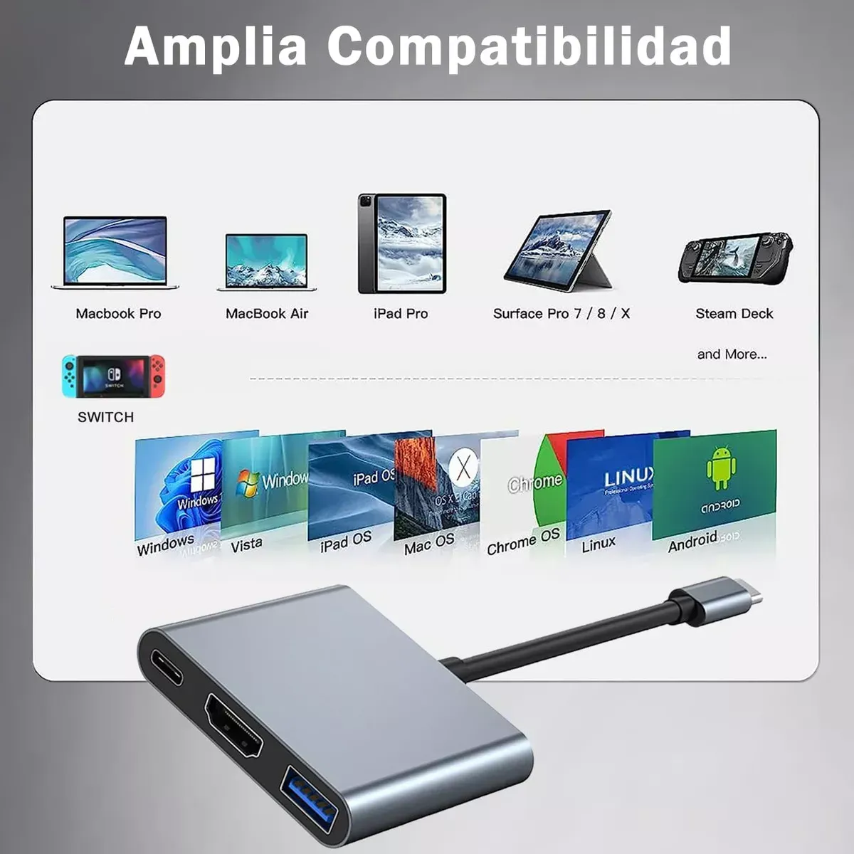 Adaptador Convertidor Usb 3.0 Tipo C A Hdmi 4k 3 En 1