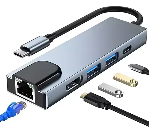 Adaptador Hub 5 En 1 Usb C A Usb 3.0 4k Hdmi Rj45 Tipo C