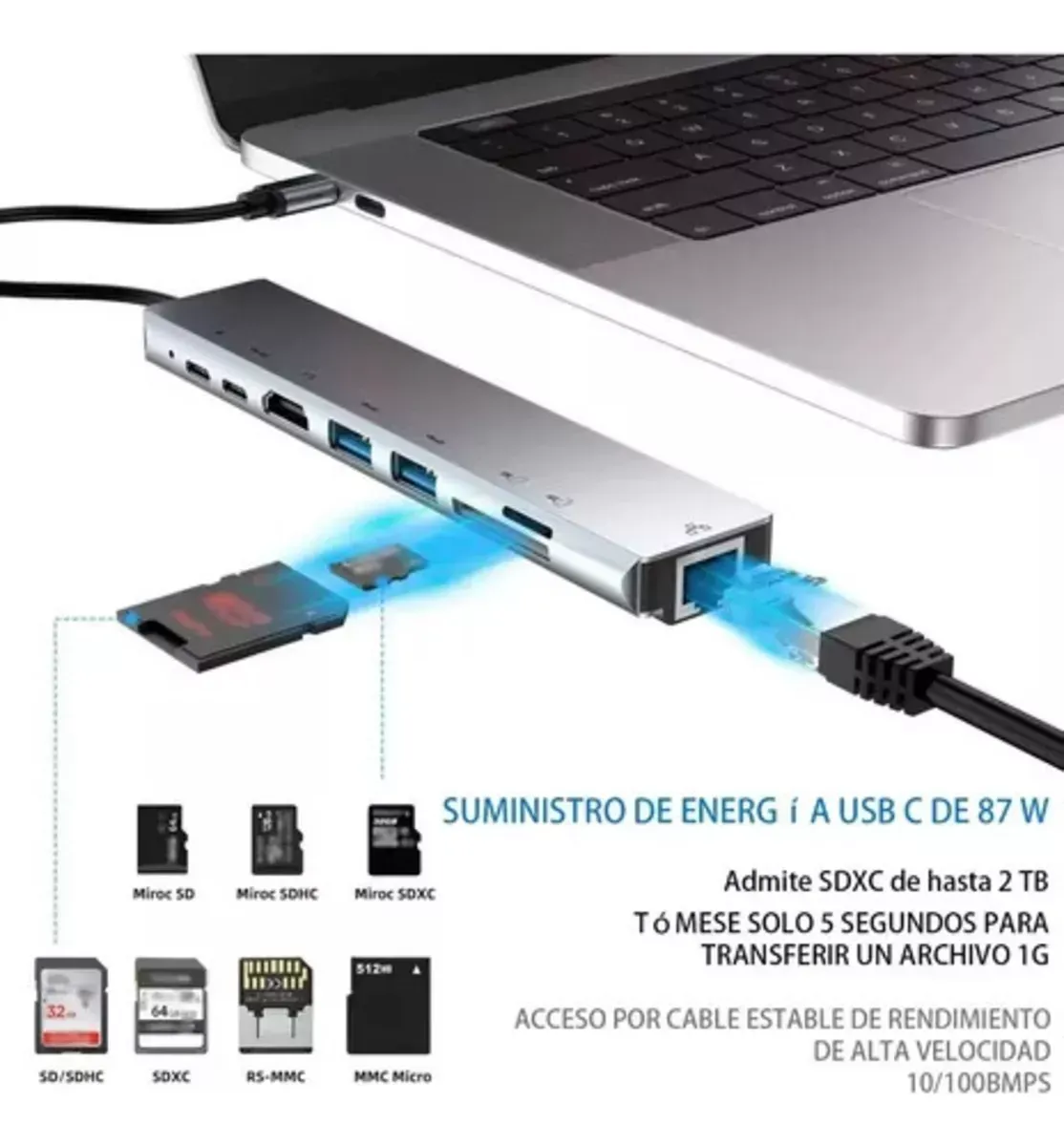 Hub Adaptador Multi Tipo C 8 En 1 Usb C A Hdmi Con Ethernet