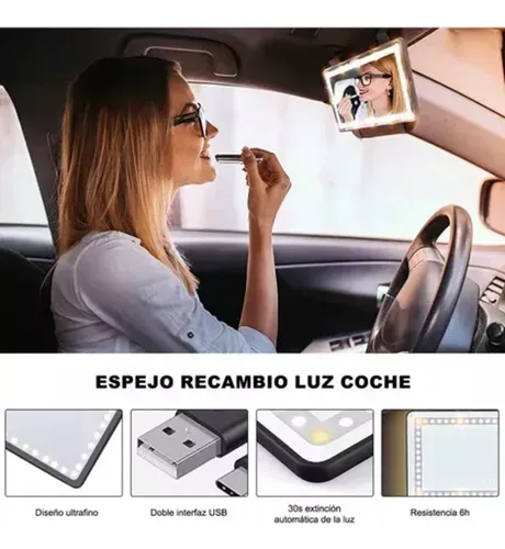 Espejo Visera Maquillaje Para Carro Universal 3 Modos Luces Led Usb