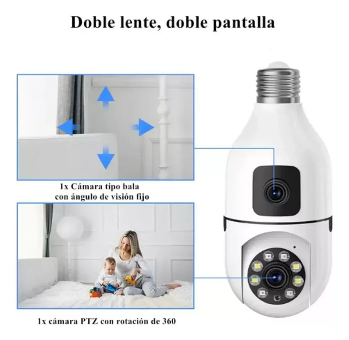 Cámara De Seguridad E27 Wifi Doble Lente Altavoz Con Alarma