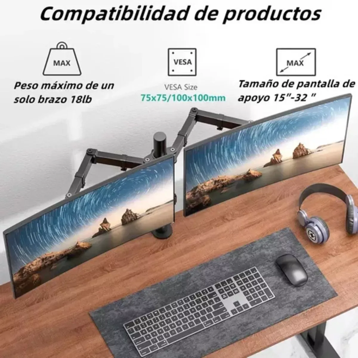 Soporte Brazo Doble Para 2 Monitores 13-32 Base Escritorio