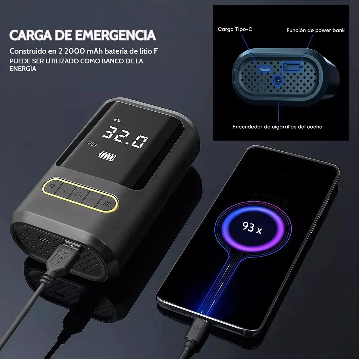 Compresor De Aire Eléctrico Portátil Recargable 80w Inflador Universal