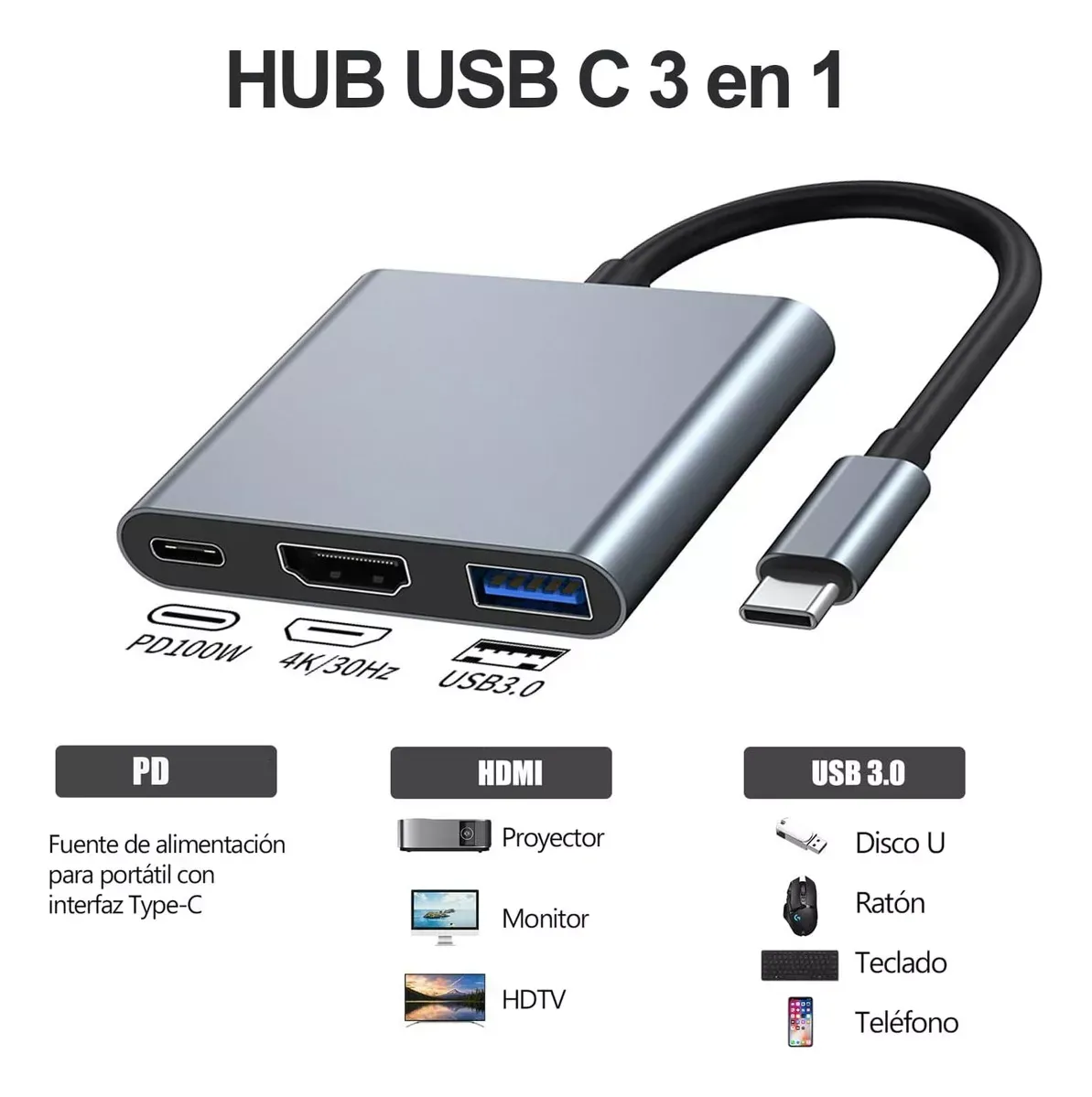 Adaptador Convertidor Usb 3.0 Tipo C A Hdmi 4k 3 En 1