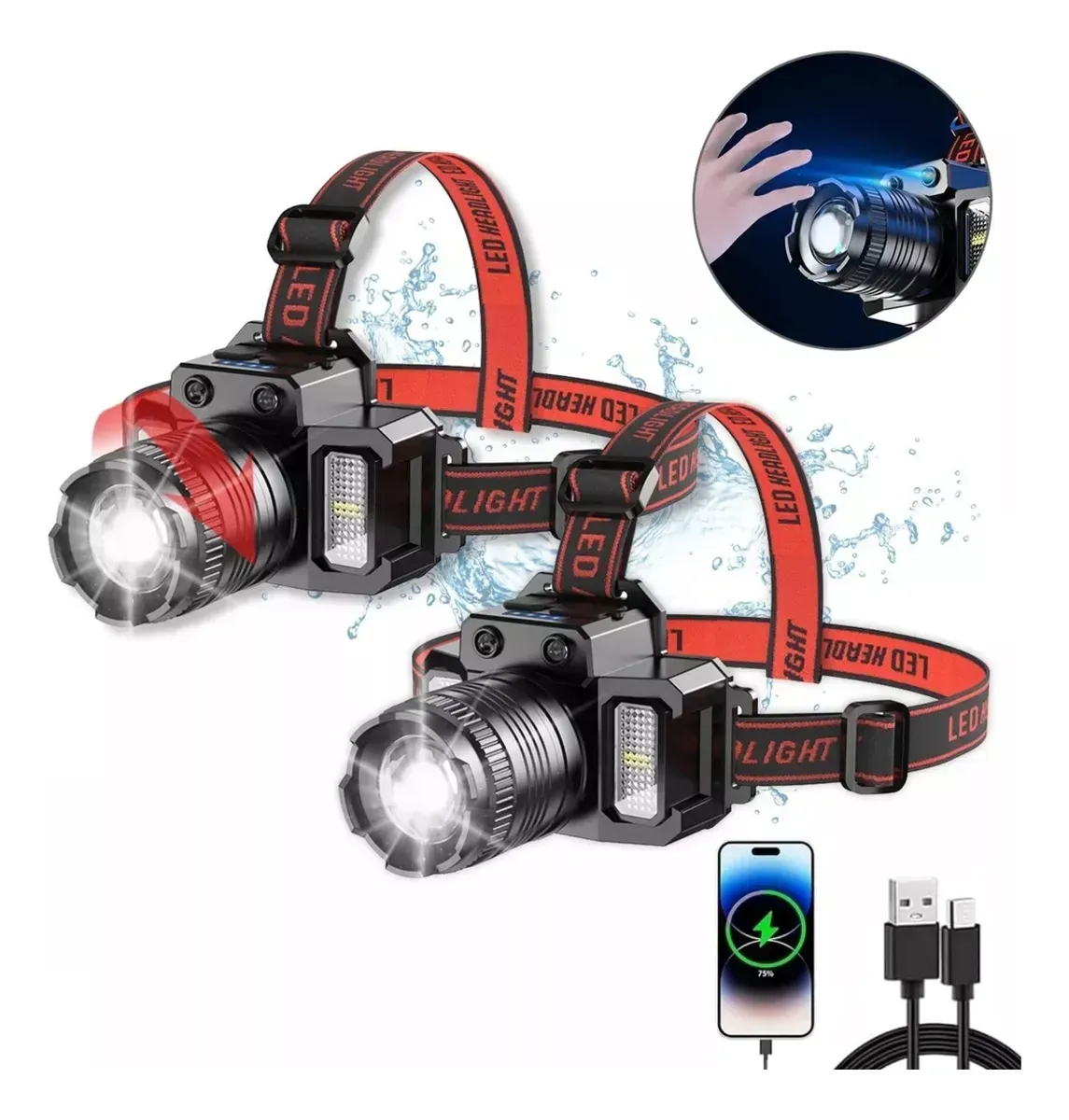 Kit X2 Linternas Led Minera Casco 5 Modos Recargable Usb