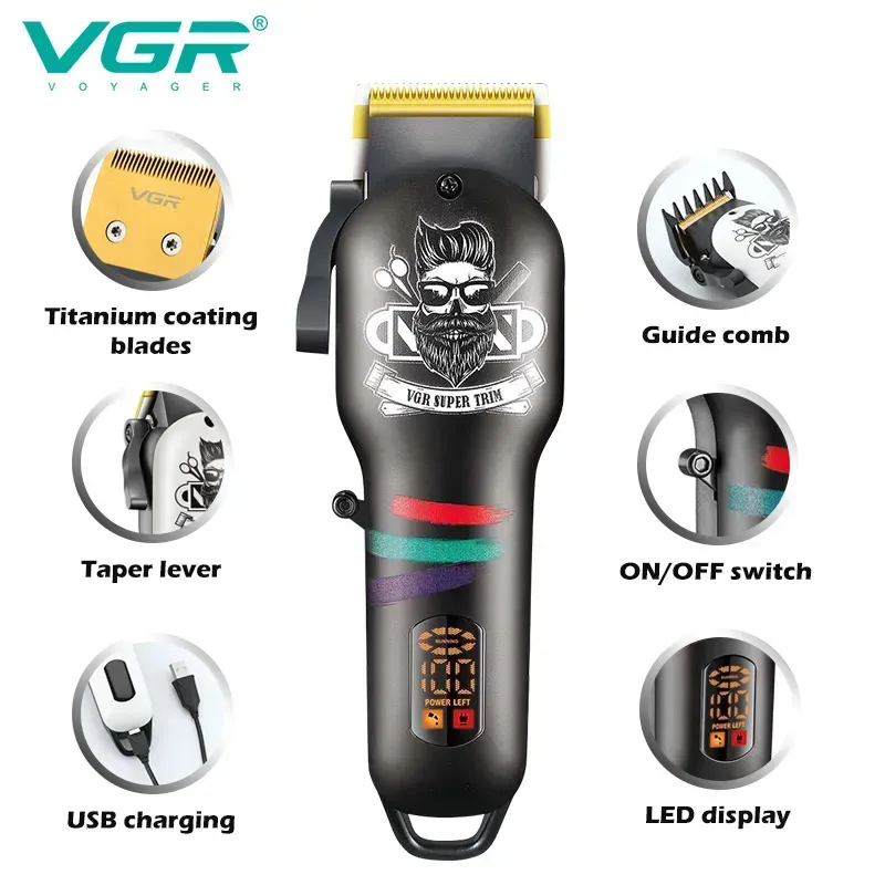 Maquina Peluquera Barbera Profesional Vgr V-699 Con Pantalla Recargable Usb + Accesorios