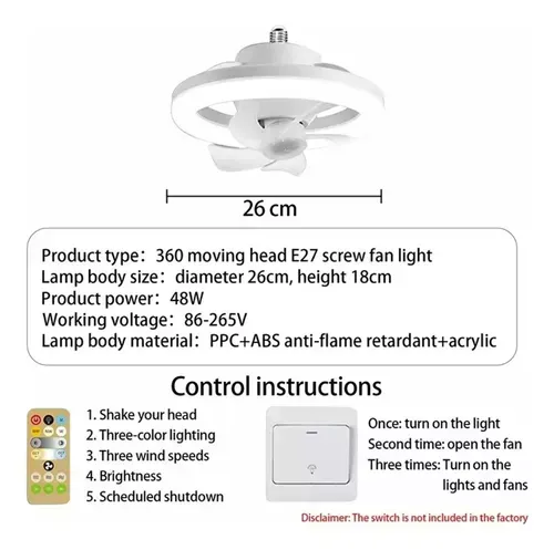 Bombillo Ventilador Giratorio 60w Luces Led  5 Aspas+ Control