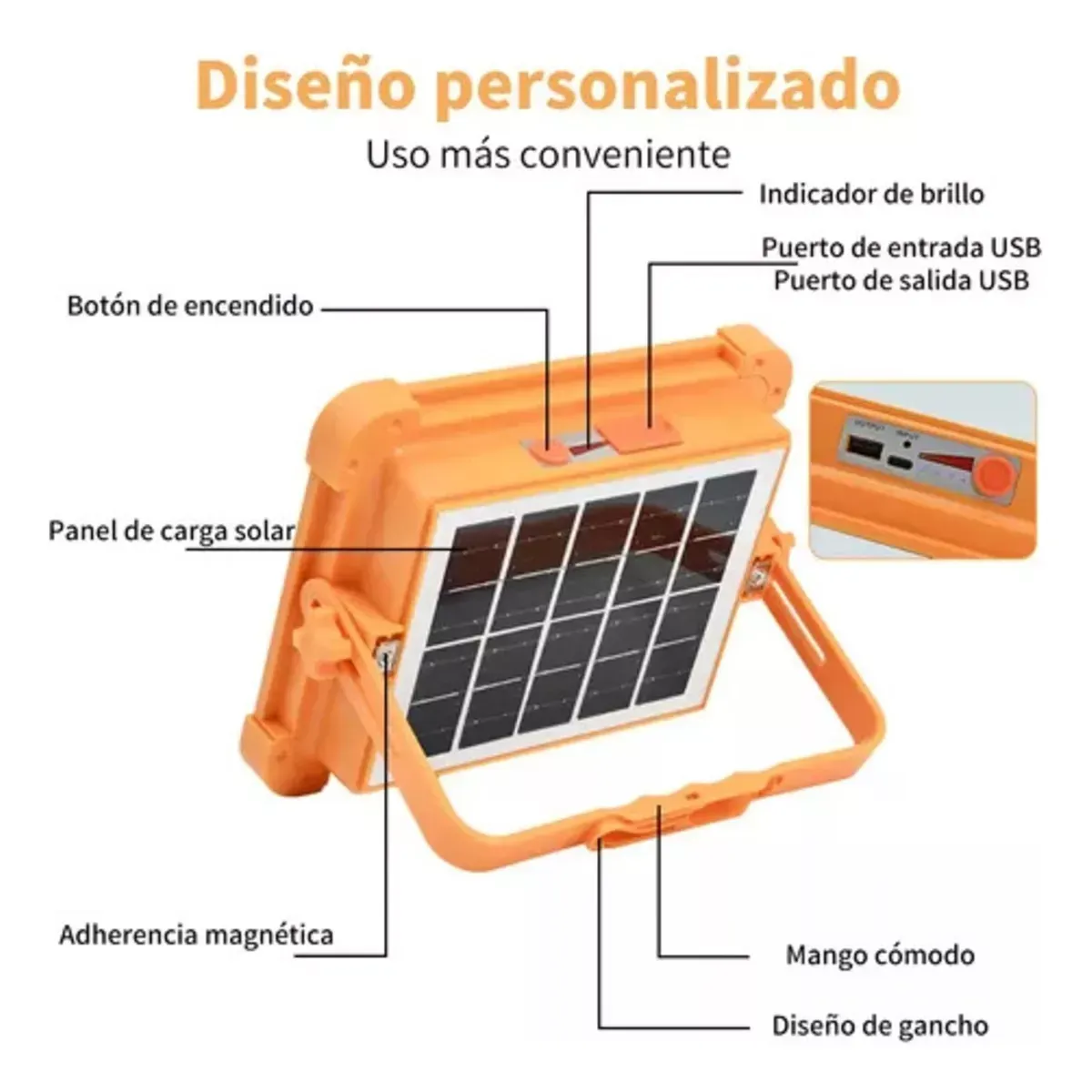 Reflector Portátil Solar 5 Modos Led Exterior Recargable Usb