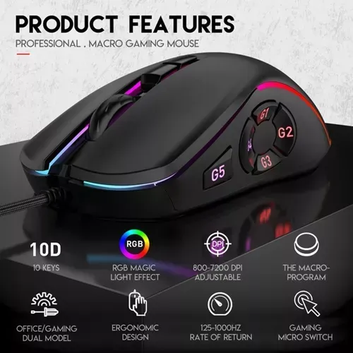 Mouse Gamer Periférico 7200dpi 10 Botones Cable Rgb Weibo X9