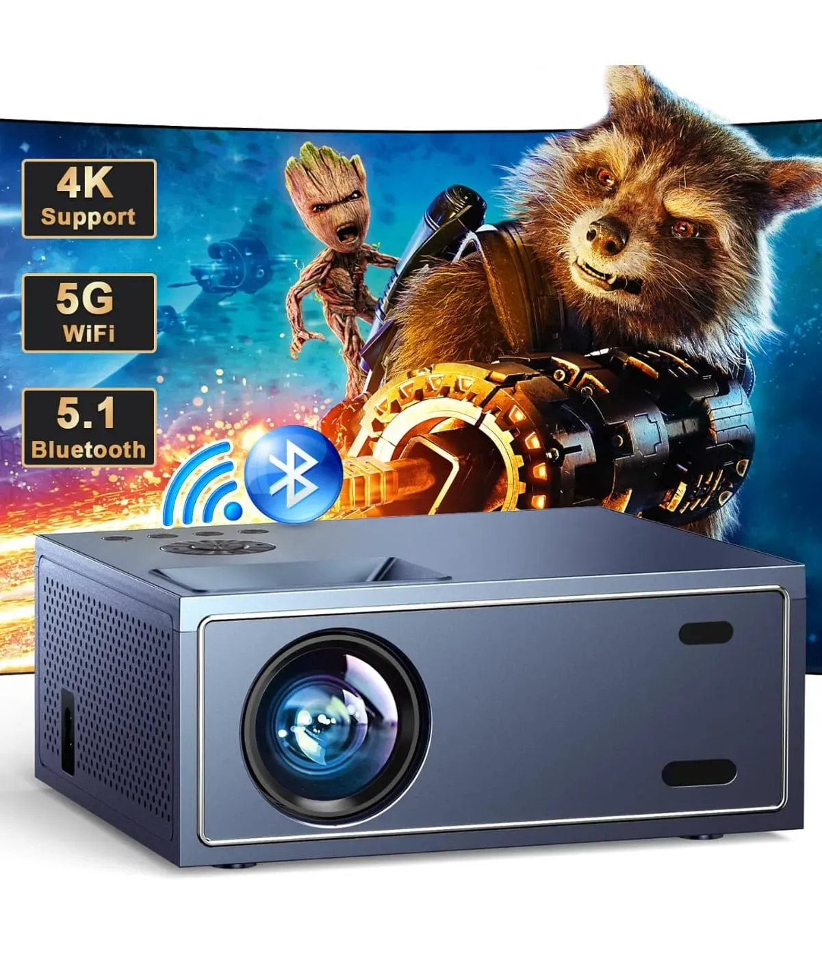 Proyector De Soporte 4K Con Wifi Y Bluetooth, Para Uso De Películas Al Aire Libre, Proyector De Video Compatible Con Tv Stick, Laptop, Smartphone, Xbox, Ps5.