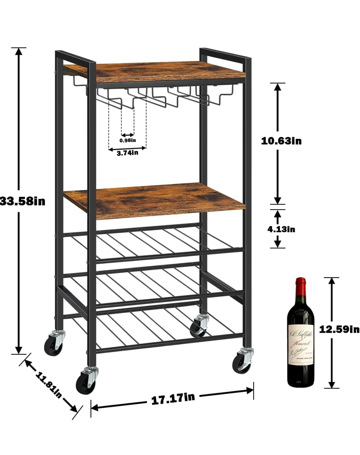 Carrito De Bar Con Estantes Para Vino Y 12 Soportes Para Copas De Vino