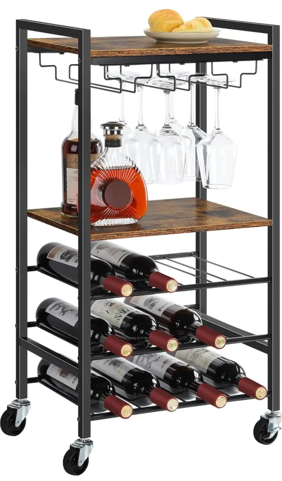 Carrito De Bar Con Estantes Para Vino Y 12 Soportes Para Copas De Vino