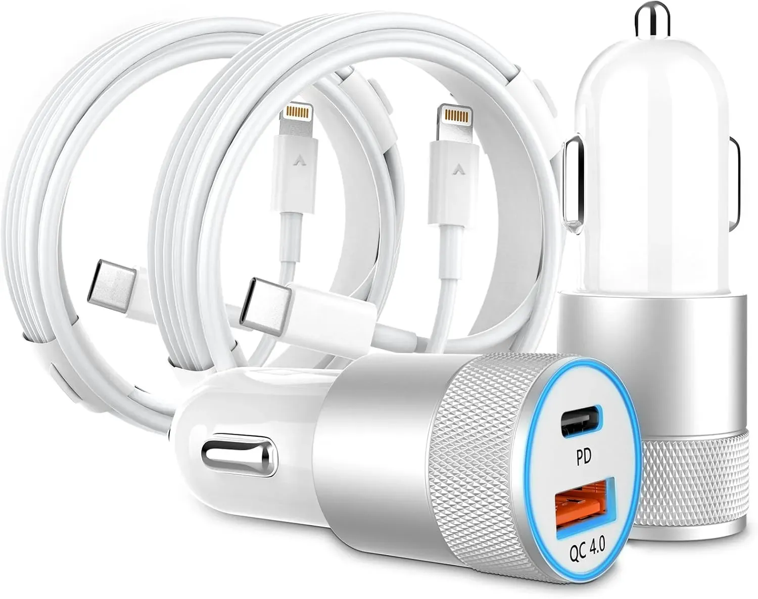 Cargador De Carro [Certificado Apple Mfi], Paquete De 2 Cargadores Usb C De Doble Puerto De 48 W, Adaptador De Carro Rápido Para Iphone Con Cable Lightning De 2 x 3 Pies, Pd/Qc 4.0 Tipo C De Carga