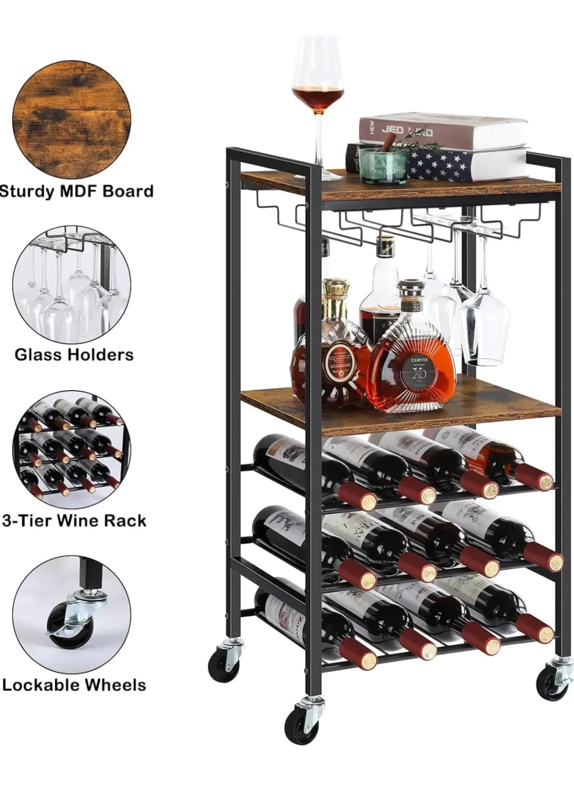 Carrito De Bar Con Estantes Para Vino Y 12 Soportes Para Copas De Vino