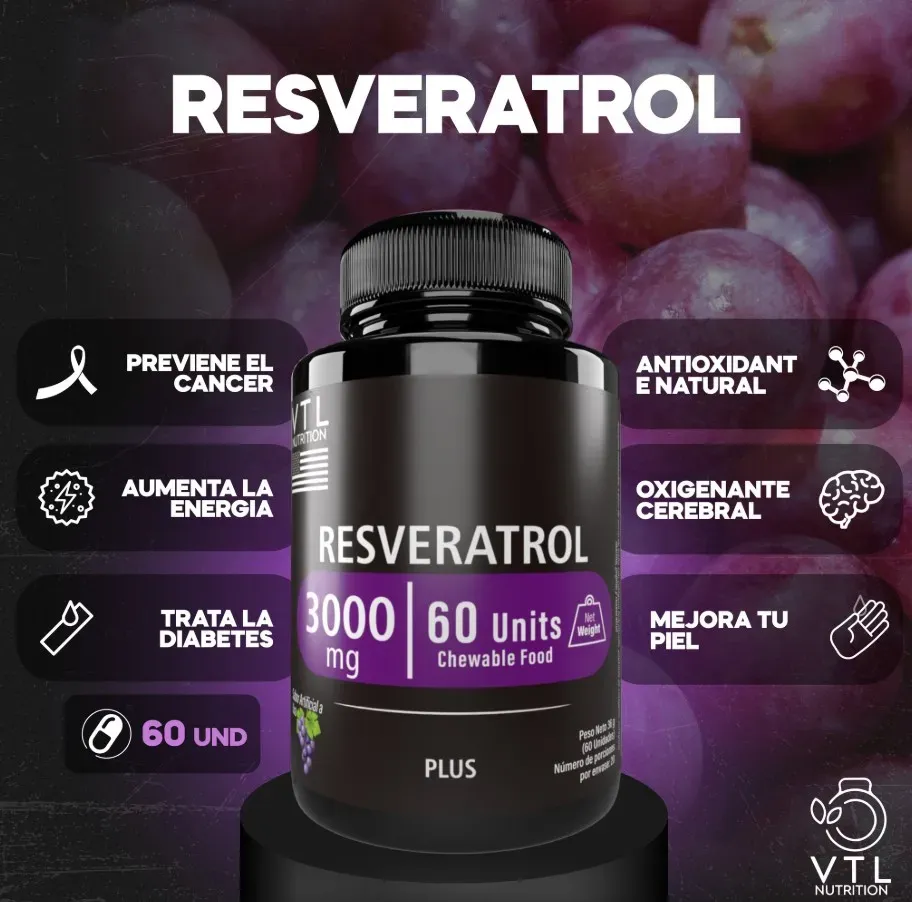 Resveratrol 3000mg Salud Antioxidante 60 Masticables