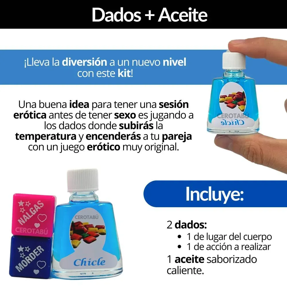 Aceite Comestible Para Sexo Oral + Dados Eróticos Poses x2