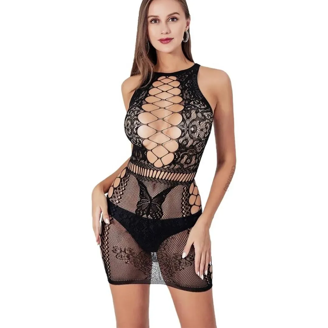 Vestido Malla Body Babydoll En Encaje Lencería Femenina 